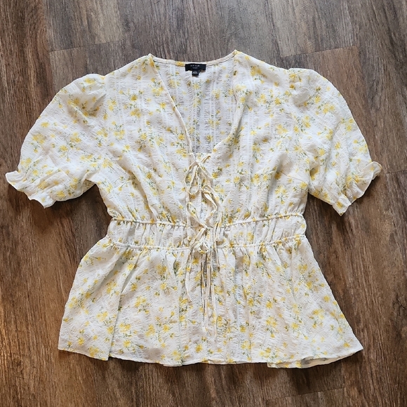 Haver Of London Plus Size 1X Floral Puff Sleeve Top - Cream and Yellow - Picture 2 of 6